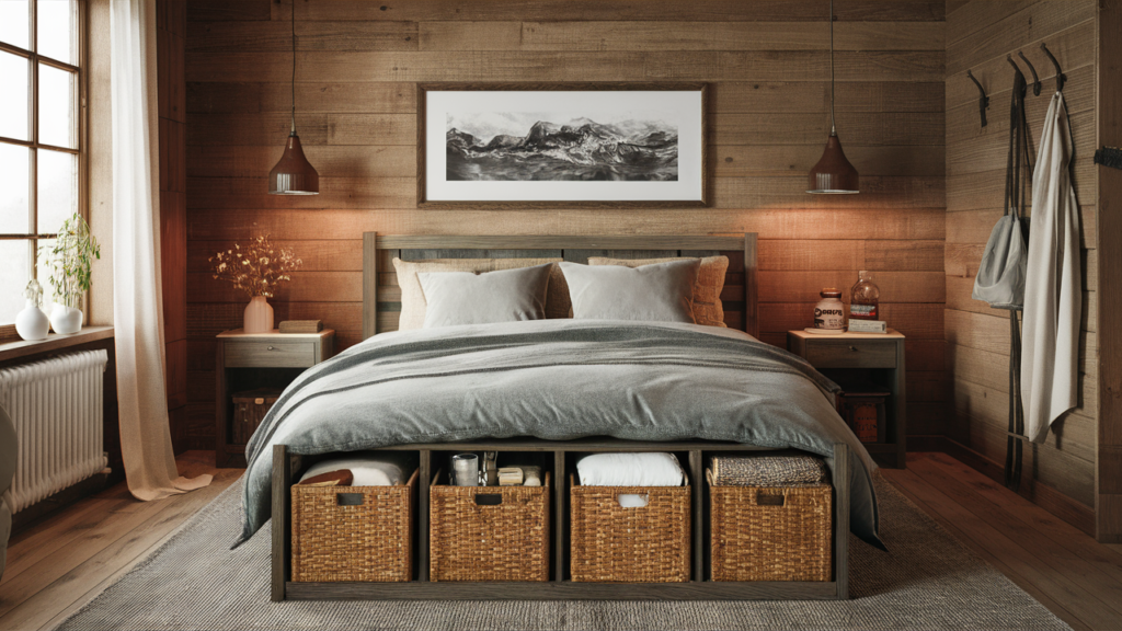 A rustic-style bedroom with under-bed wicker baskets