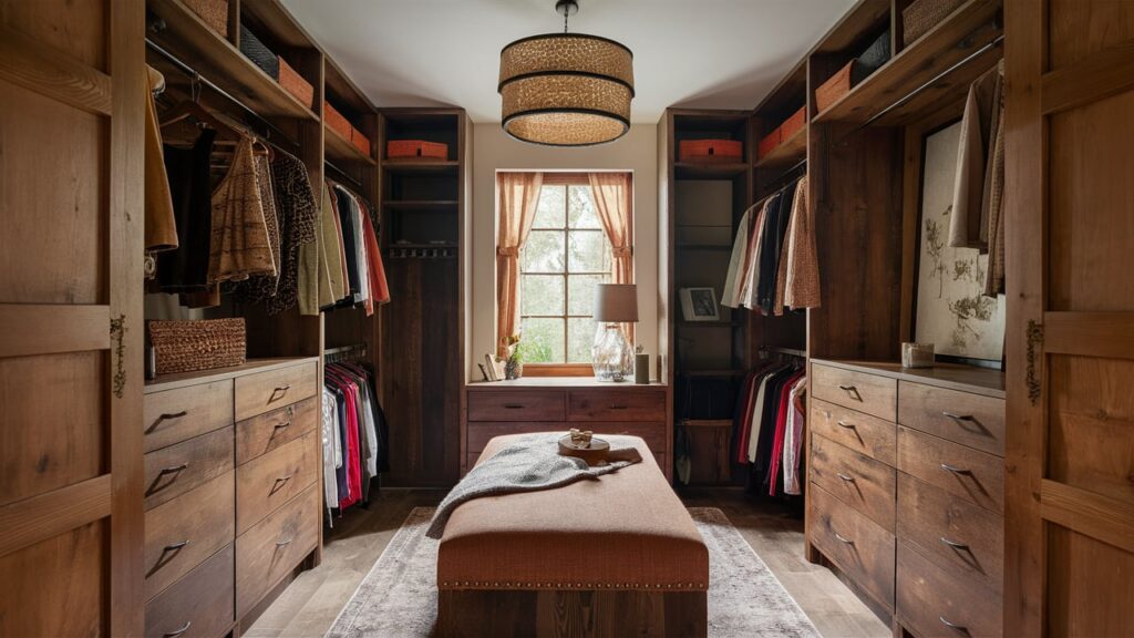 A Rustic Walk-in Closet With Wooden Shelving