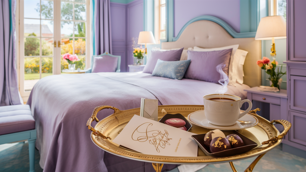 A serene and luxurious guest room adorned in soothing lavender