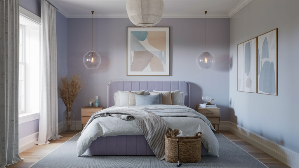 A serene guest room decorated in soft pastel shades of lavender