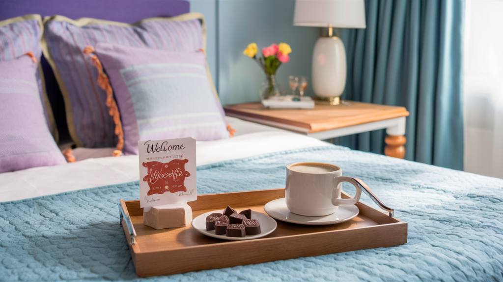 A serene guest room in lavender and light blue hues