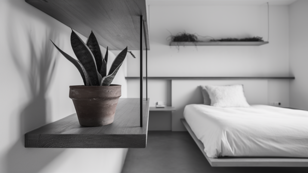 A serene minimalist guest room features a petite snake plant