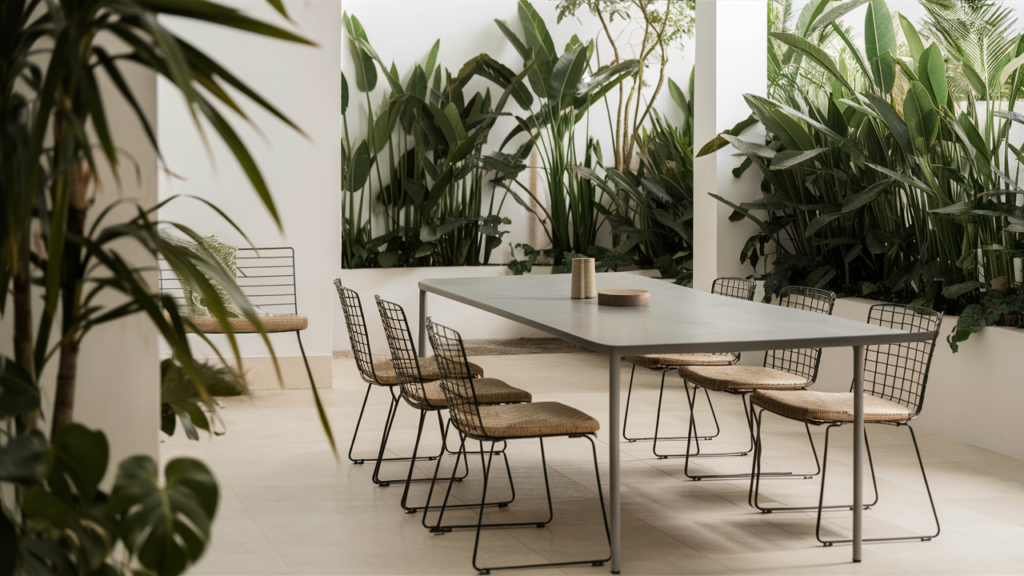 A Serene Outdoor Setting Showcasing An Elegant Minimalist Dining Area