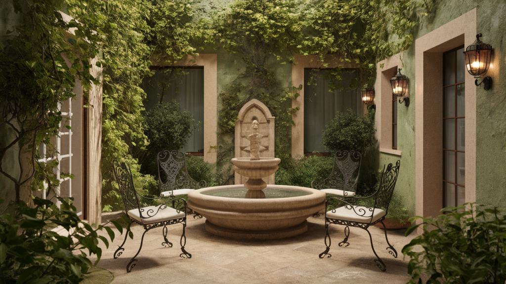 A Serene, Peaceful Patio Featuring A Stone Water Fountain