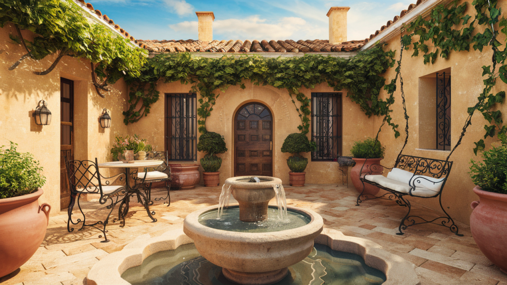 A Serene, Peaceful Patio Featuring A Stone Water Fountain View