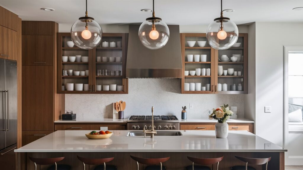 A Set Of Glass Globe Pendant Lights In Clear, Frosted, Or Colored Glass