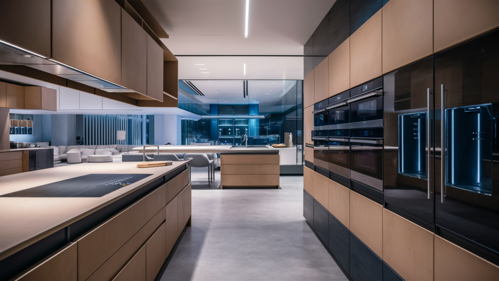 A sleek and futuristic kitchen design features high-tech smart cabinets