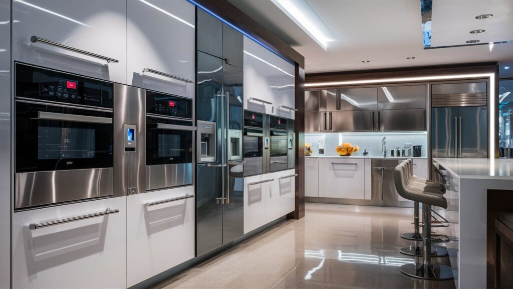 A sleek and futuristic smart kitchen design featuring high-tech cabinets