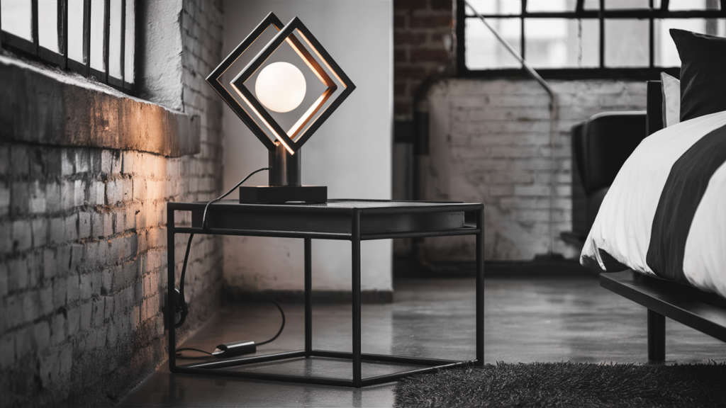 A Sleek And Minimalist Black Metal Bedside Table Graces