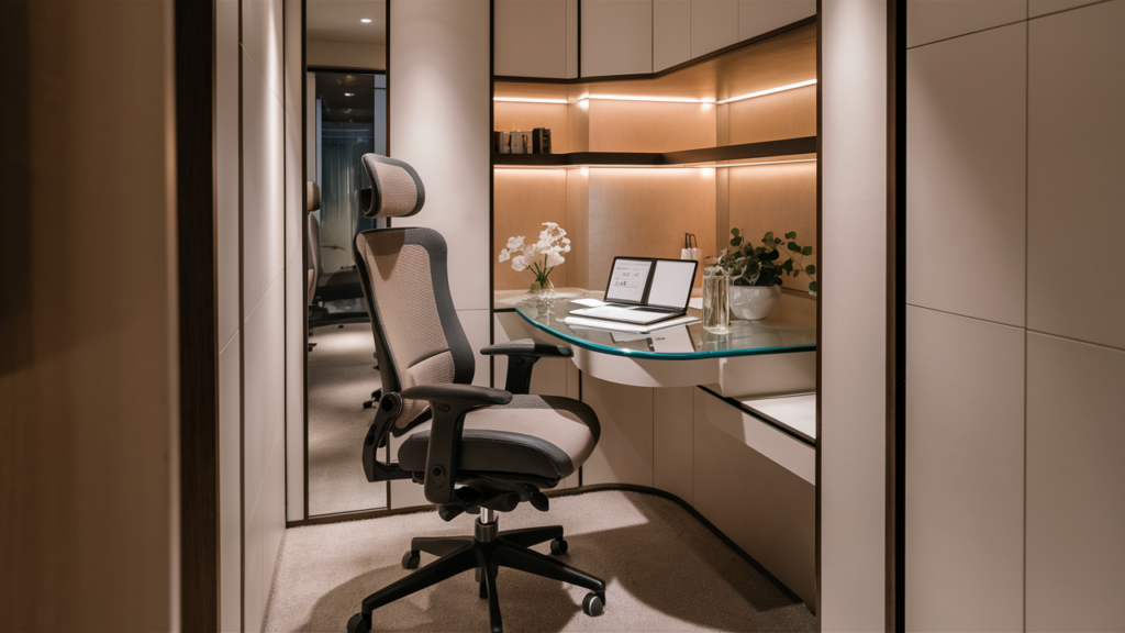 A sleek and modern home office, featuring a compact workspace