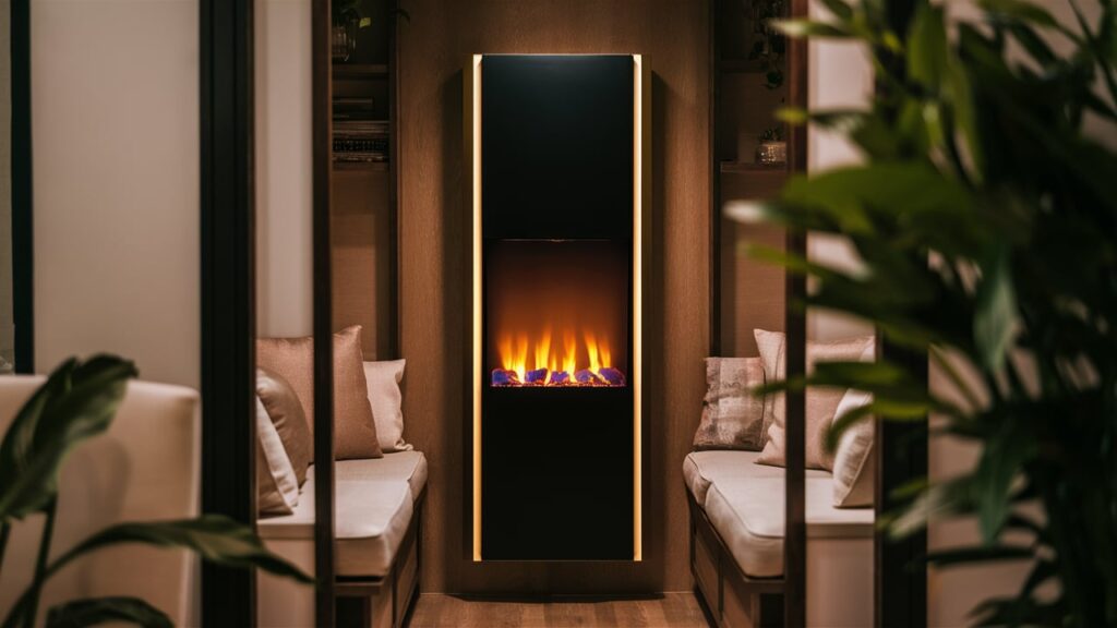 A sleek and modern vertical fireplace takes center stage