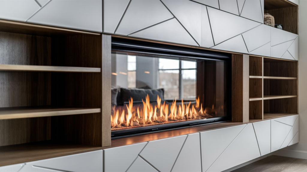 A Sleek And Stylish Modern Fireplace With Built-in Custom Shelves