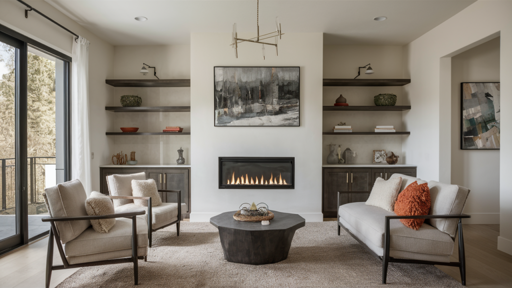 A Sleek, Contemporary Fireplace Paired With Floating Shelves