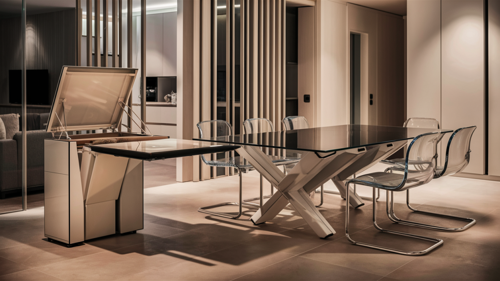 A Sleek, Foldable Dining Table In A Modern Apartment