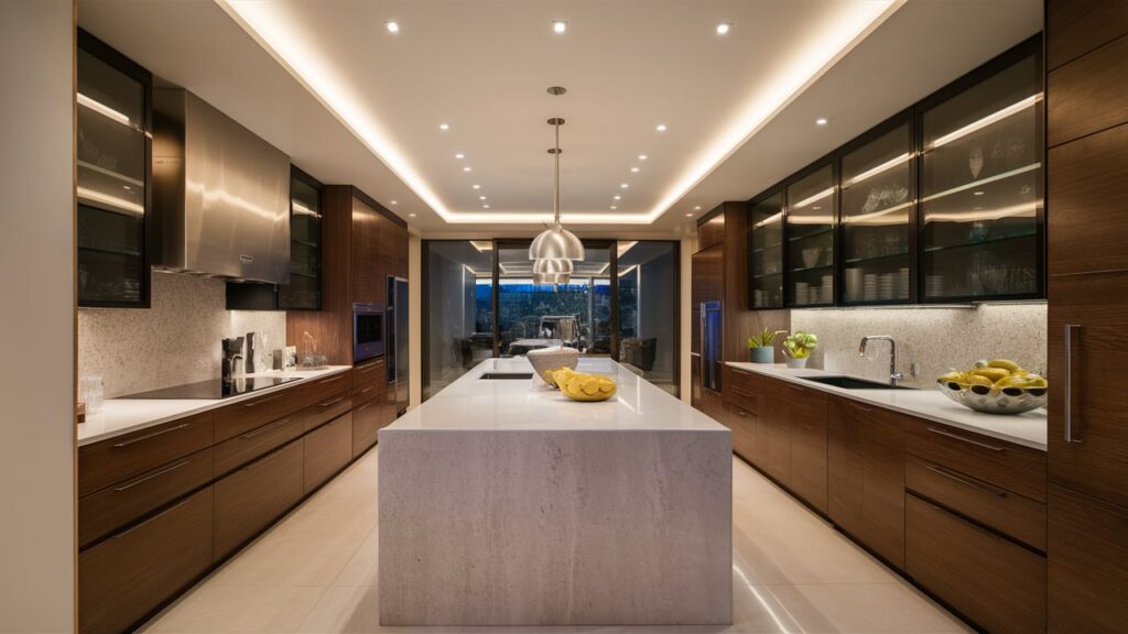 A Sleek Kitchen With Recessed Lighting Along The Ceiling Perimeter