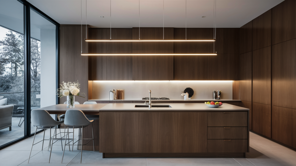 A Sleek, Linear Suspension Light In Metallic Finishes