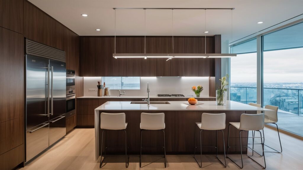 A sleek, modern kitchen featuring built-in stainless steel oven