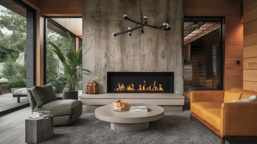 A sleek, open firebox with a stone or concrete surround