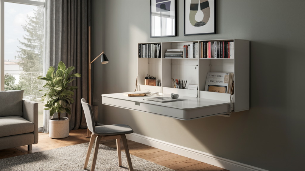 A Sleek Wall-mounted Foldable Desk In White, With A Built-in Organize