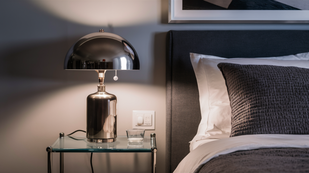 A Small Glass Bedside Table Holding A Sleek Metallic Lamp