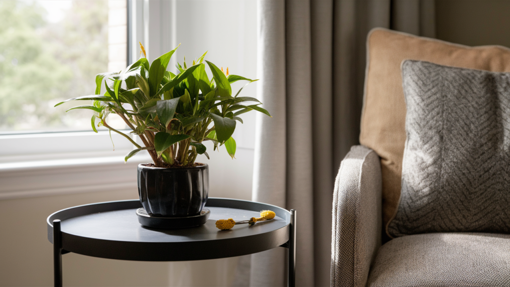 A small peace lily in a black ceramic pot