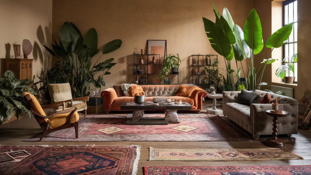 A spacious living room with layered, patterned rugs