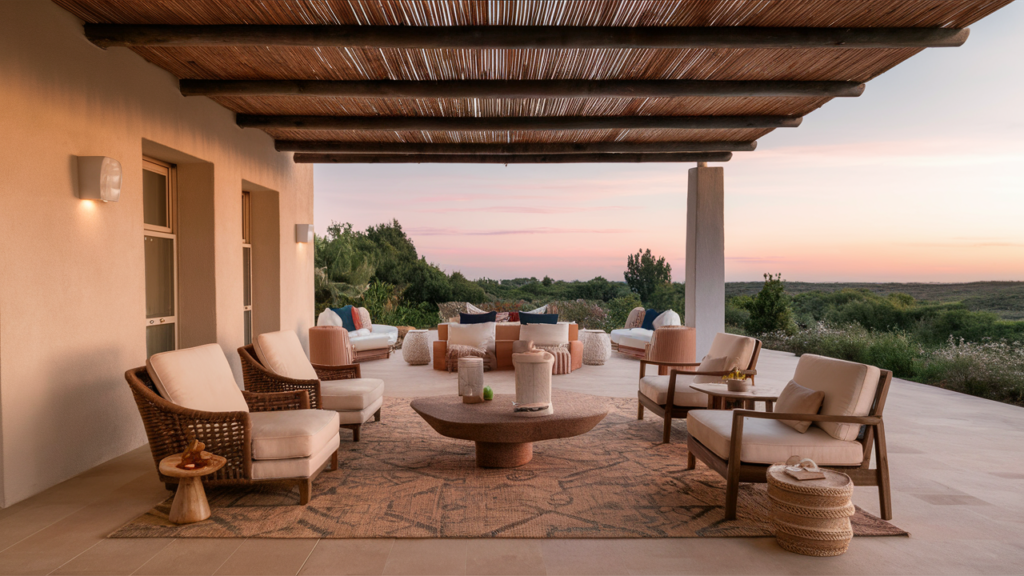 A Spacious Patio With A Canopy Or Pergola Made Of Natural Wood