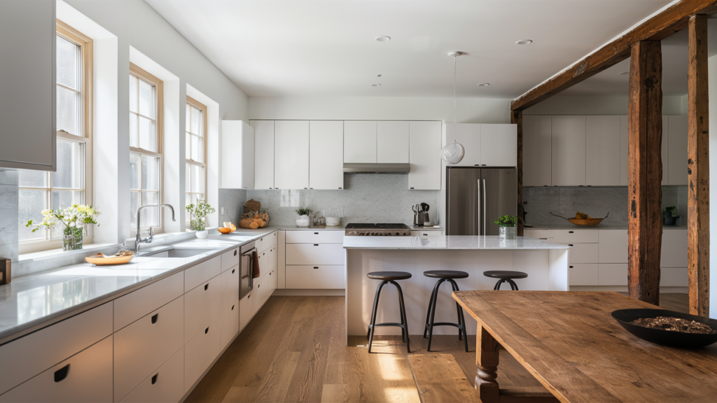 A stunning Scandinavian-inspired kitchen, featuring sleek white cabinetry