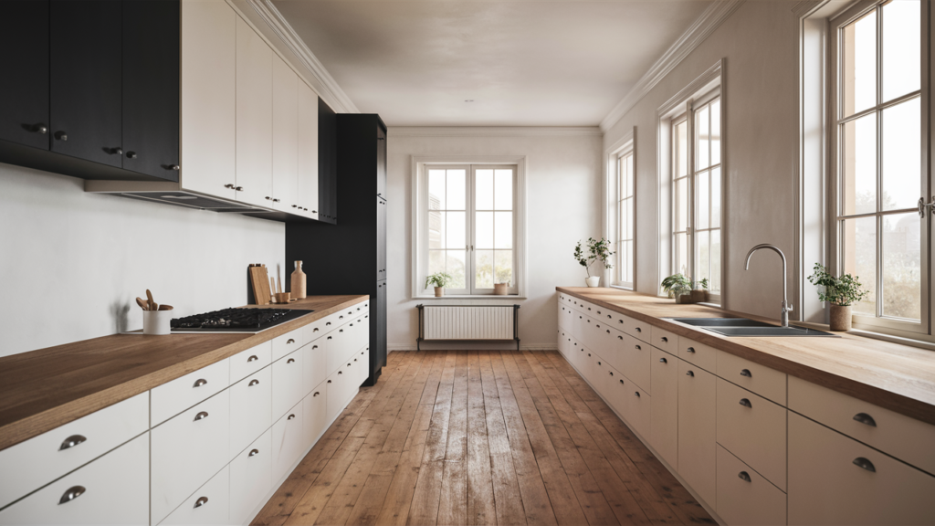 A stunning Scandinavian-style kitchen with a monochrome color