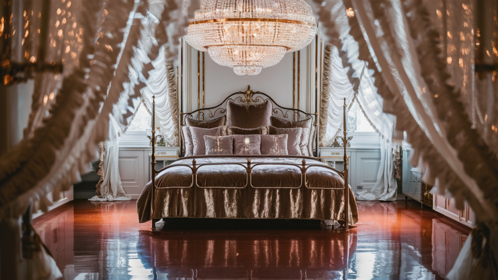 A stunning and opulent guest room with glossy hardwood floors