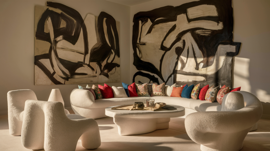 A stunning artistic living room, featuring a bold and abstract painting