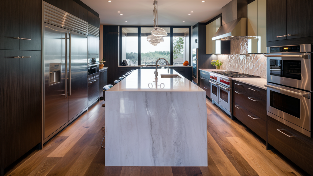 A stunning contemporary kitchen features a sleek waterfall island