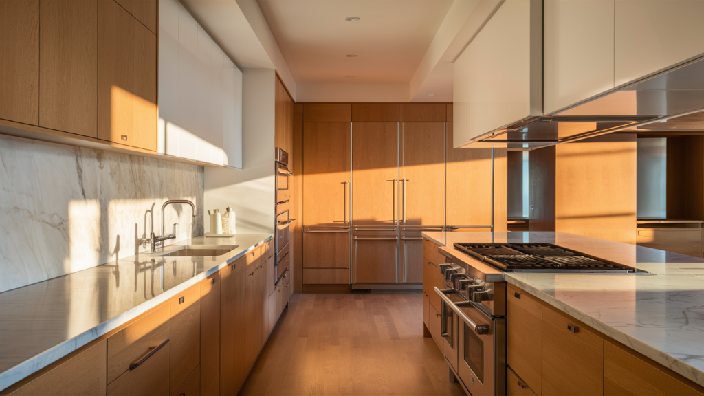 A stunning, contemporary kitchen with sleek white and wood elements