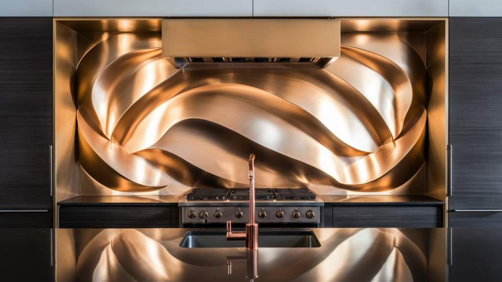 A stunning, high-end kitchen design featuring a unique metallic backsplash