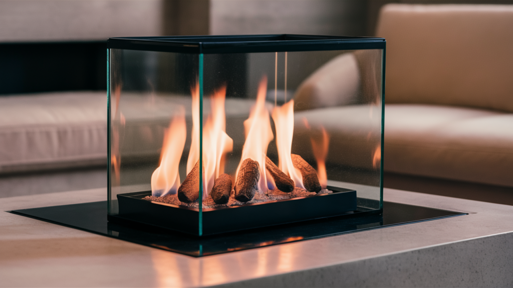 A stunning image of a compact gas fireplace