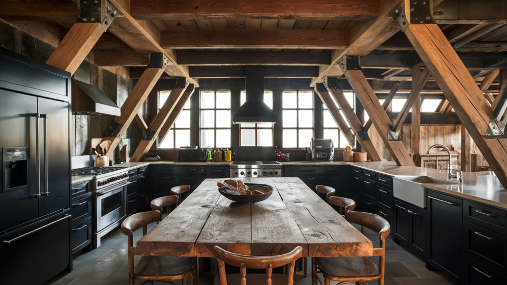 A stunning industrial rustic kitchen featuring black steel