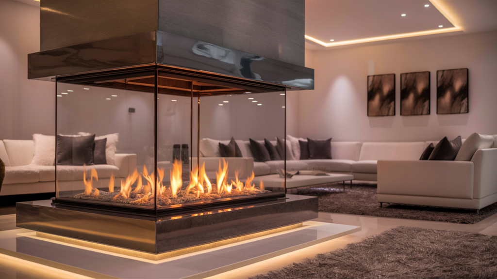 A Stunning, Luxurious Living Room With A Glamorous Floor-to-ceiling Glass Fireplace