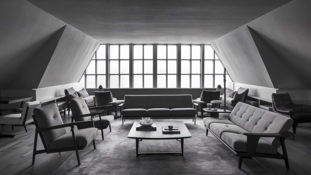 A stunning mid-century modern living room, exuding elegance