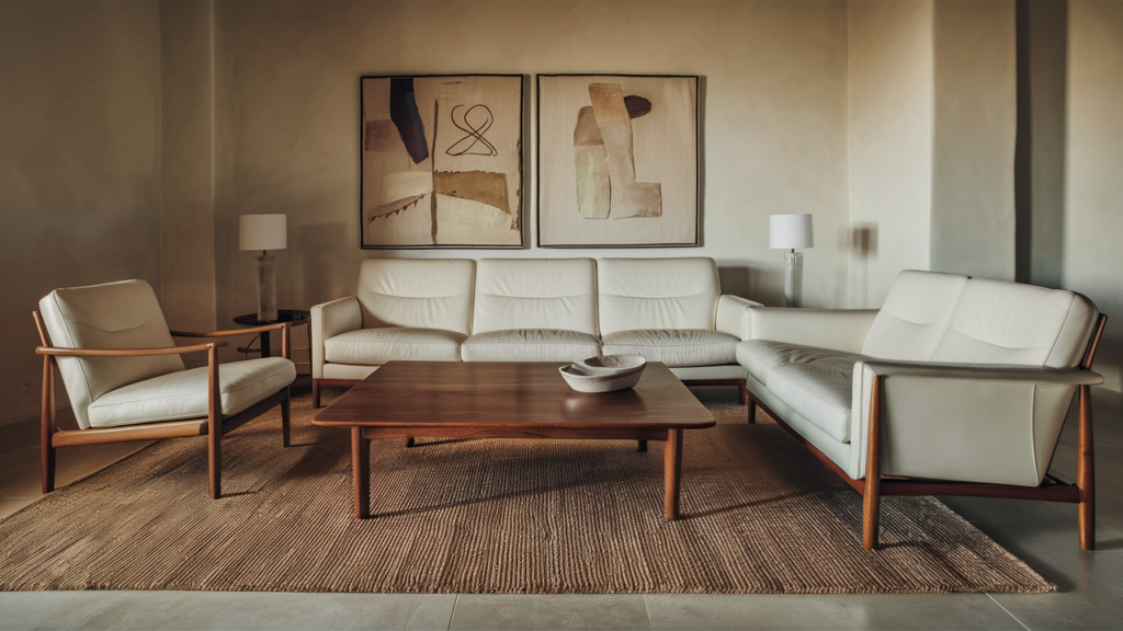 A stunning minimalist living room with mid-century