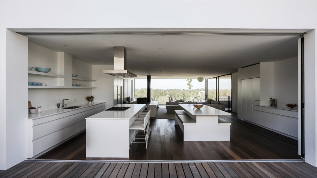 A stunning minimalist open-concept kitchen design with white walls