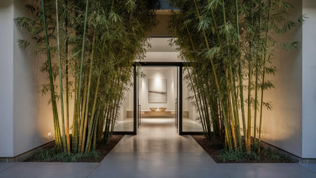 A stunning modern entryway adorned with a towering indoor bamboo plant