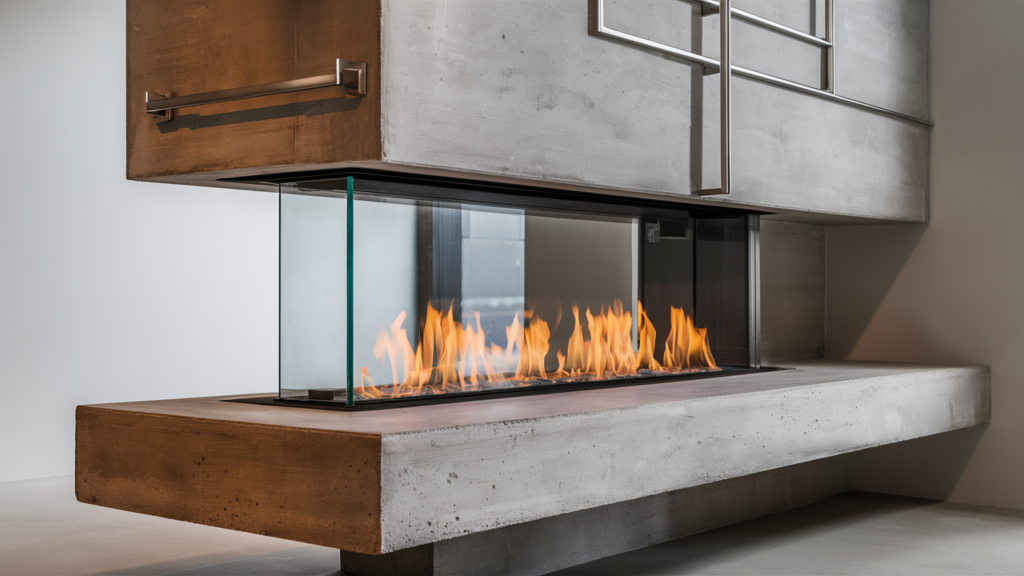 A stunning, modern fireplace design that seamlessly blends concrete
