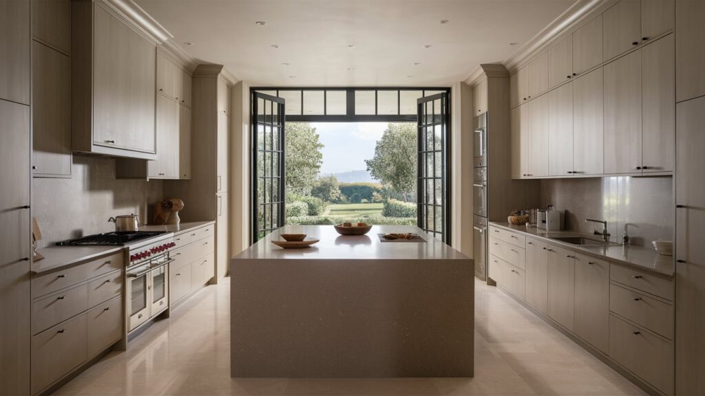 A stunning, modern kitchen with chic and luxurious aesthetics