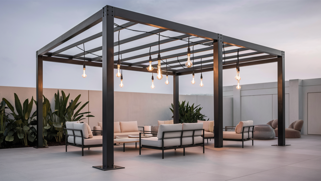 A stunning modern metal pergola stands tall in a sleek, minimalist patio