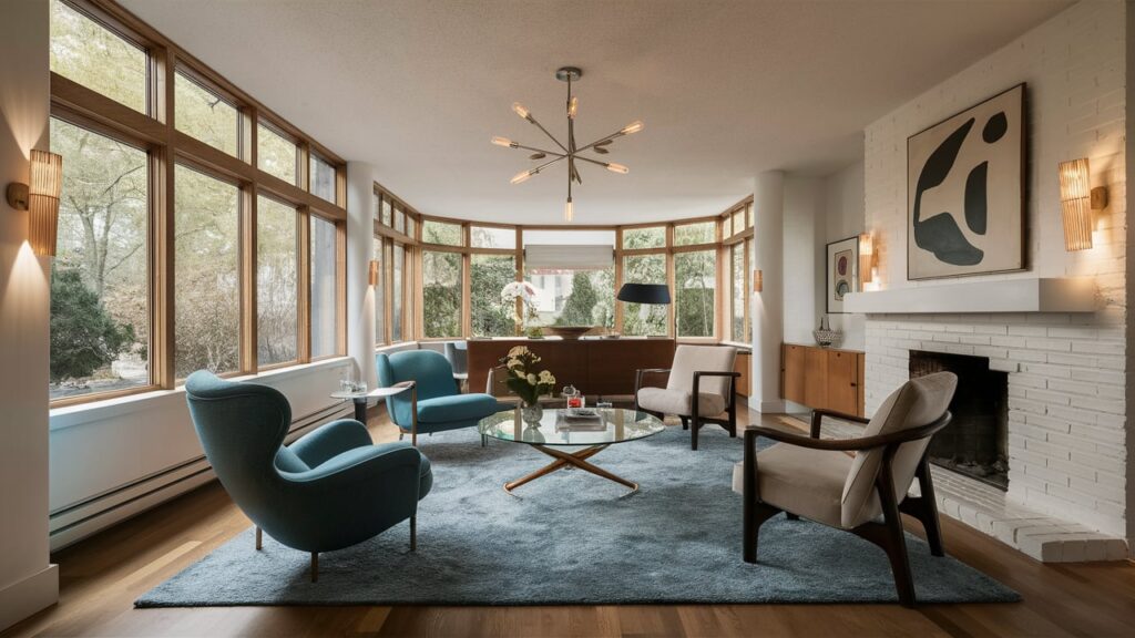 A stunning modern mid-century living room filled with clean lines