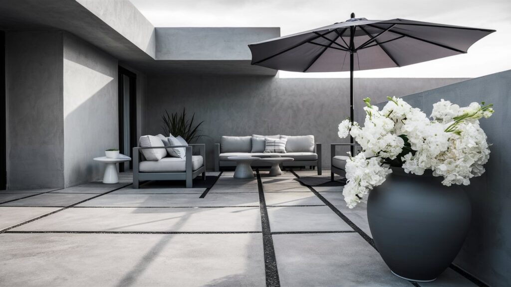 A stunning modern patio design features a monochrome color