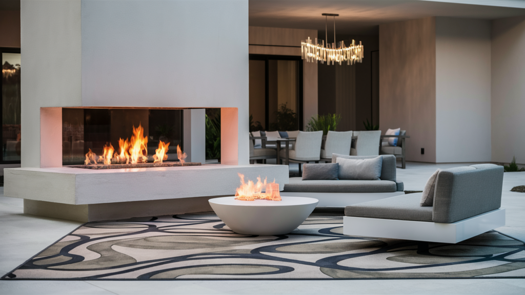 A Stunning Modern Patio Design Featuring A Sleek Open Fireplace