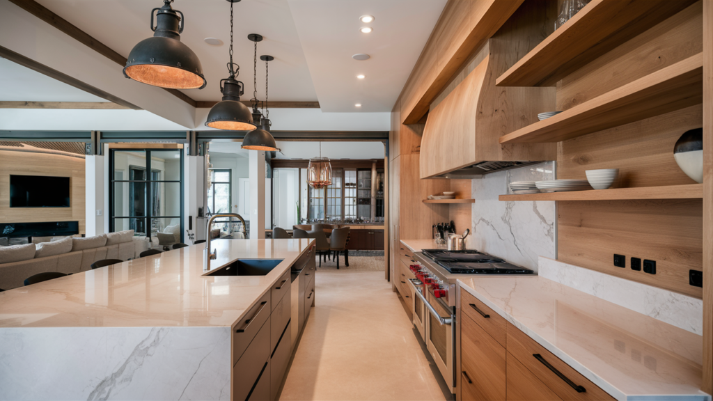 A Stunning Open-concept Living Space Features A Sleek Kitchen Island