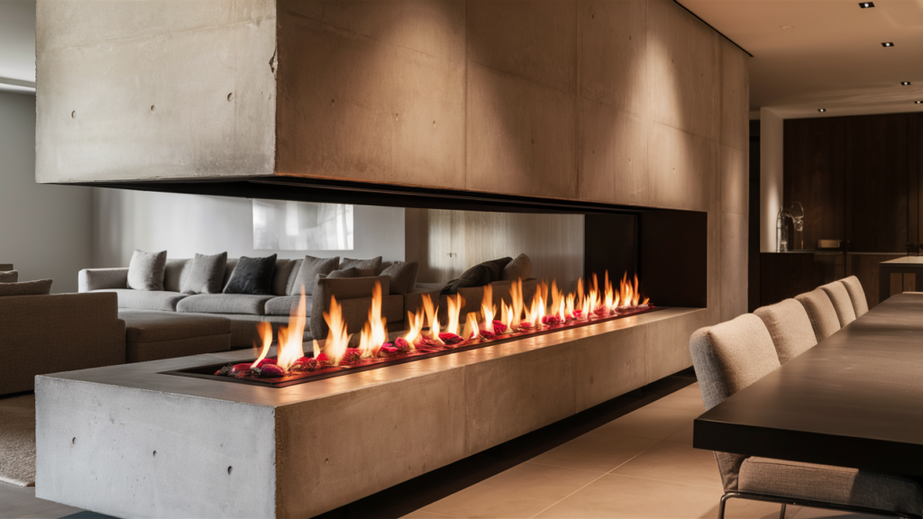 A stunning, sleek living space featuring a built-in fireplace