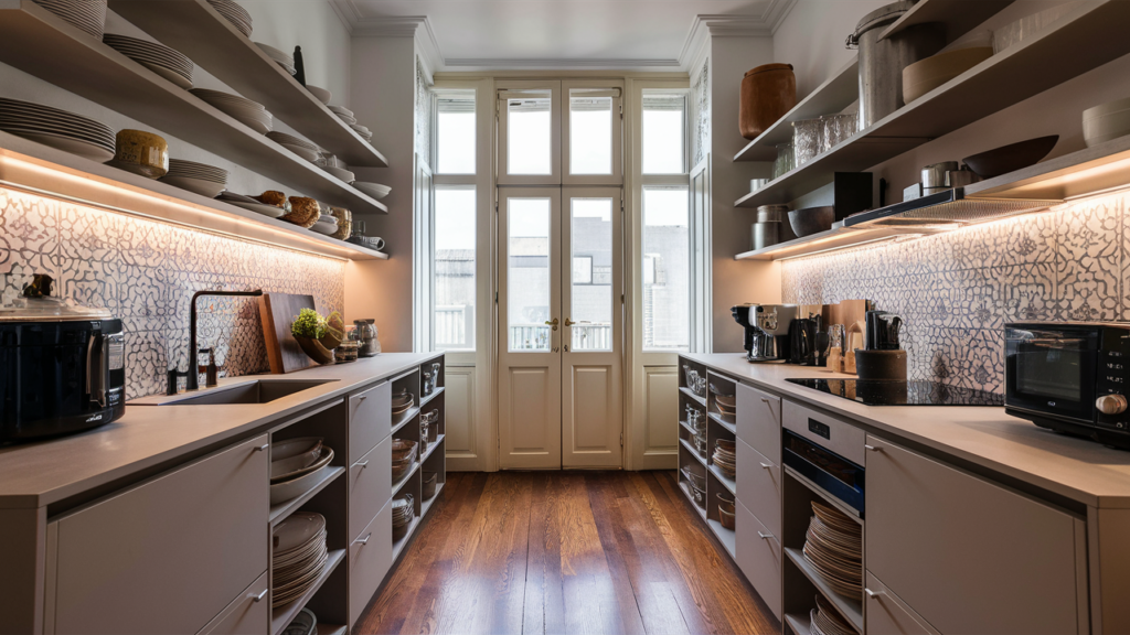 A stunningly designed kitchen, featuring a sleek and modern layout